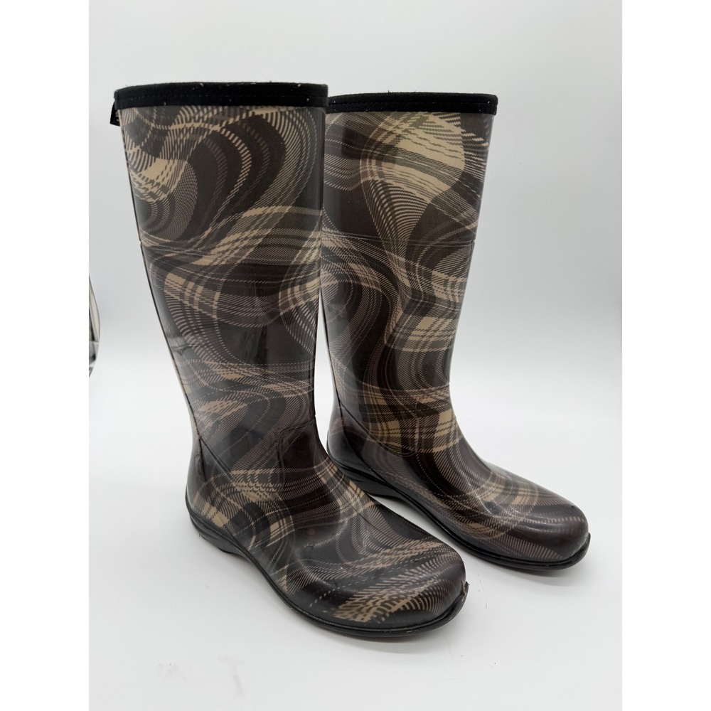 Kamik Womens Plaid Waterproof Rain Boots Brown Tan Tall Rubber Size 9